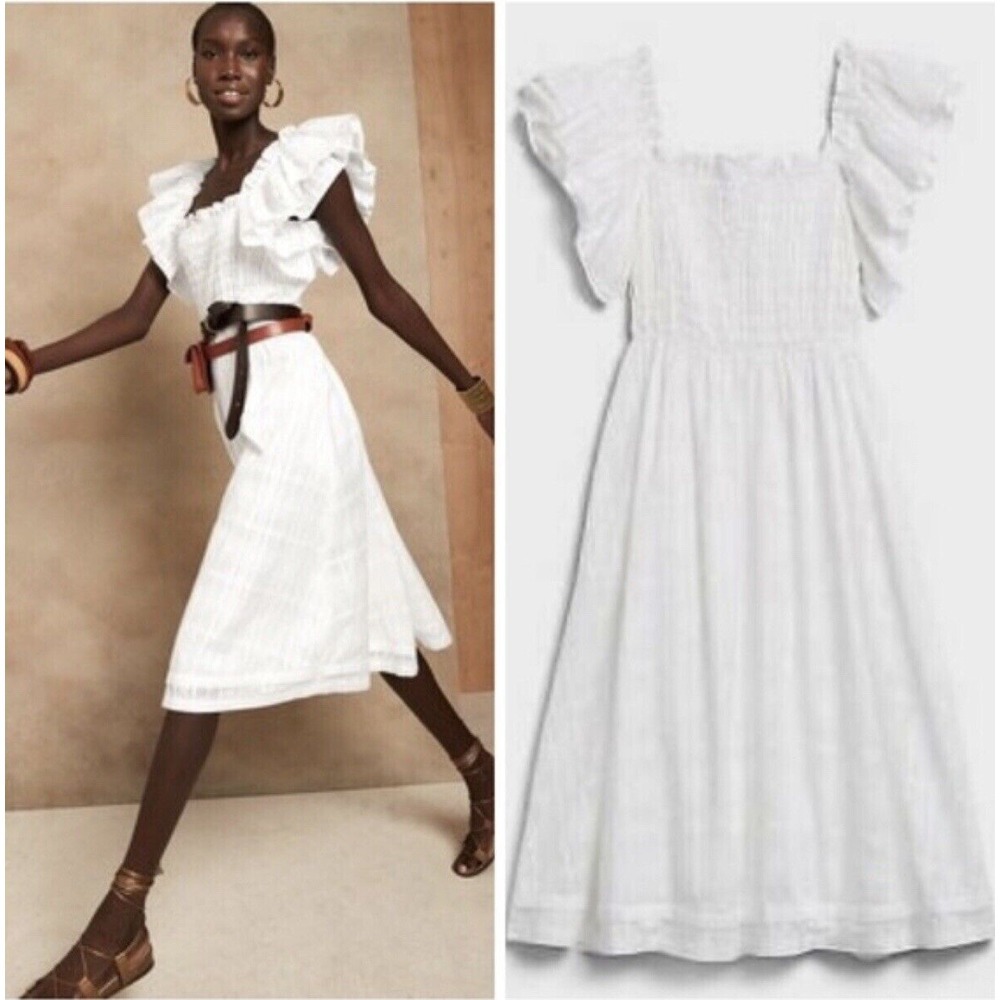 Banana Republic Dress S White Smocked Midi Peasant Prairie Coquette NEW